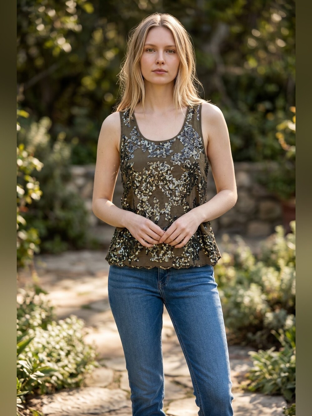 J.Crew Olive Green Iridescent Sequin Tank Top Size 10 Style E0939